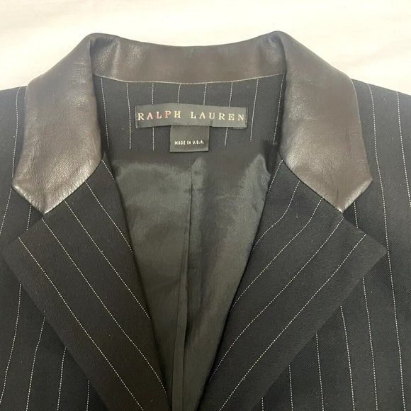 Ralph Lauren Black Pinstripe Wool Blazer Leather Collar Size 12 Made in U.S.A. - Picture 7 of 11